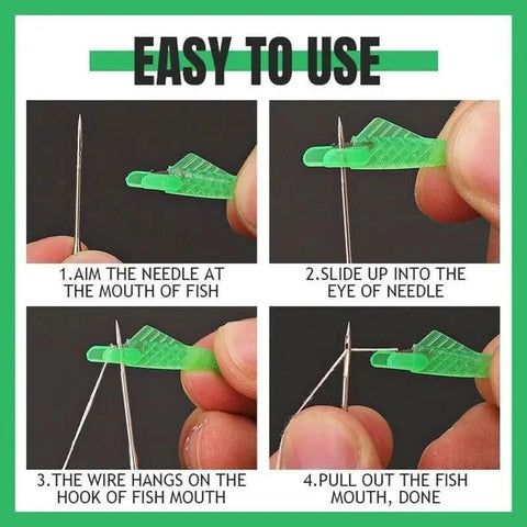 Automatic Fish Type Needle Threader For Sewing Lovers Game Changing Handy Hand Sewing Tool And Sewing Machine Needle Threader Quick Threading Aid For Crafters Easy To Use Threader For Sewing Supplies Green 3 Pack in use with step-by-step instructions.
