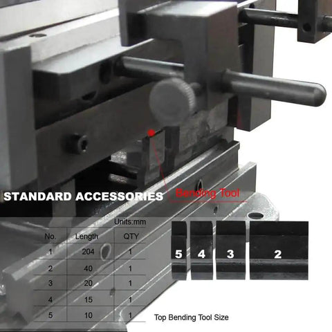 Close-up of bending tool accessories for Compact 8 Inch Manual Sheet Metal Shear And Brake Combo For 20 Gauge Steel 90 Degree Bends