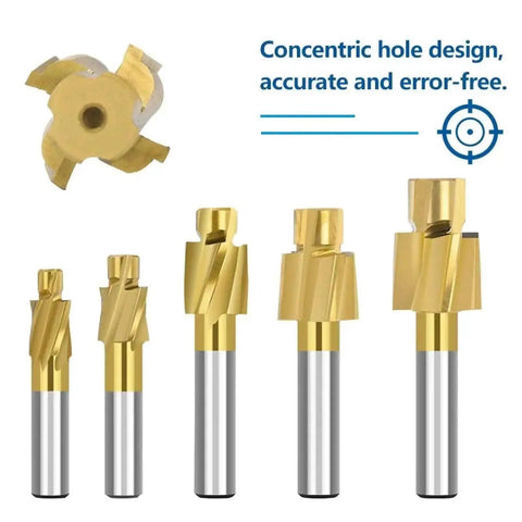 Set of five pilot slotting tool bit counterbore end mills with titanium coating, sizes M3 to M16, for metal milling.