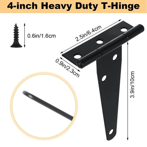 4-inch heavy duty T-hinge black powder coated iron with measurements, part of 14 Pack 4 Inch T Hinge Heavy Duty Shed Door Hinges Gate Strap