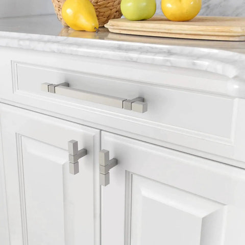 Close-up of installed 10 Pack 5 Inch Brushed Satin Nickel Cabinet Handles (128mm) for Kitchen Cabinets and Drawers