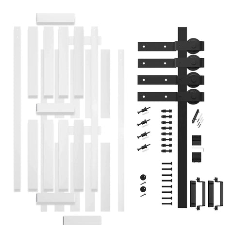 30 By 84 Inch Bypass Barn Door With Five Foot Track Hardware Kit Included H Shape Solid Core MDF Door With Waterproof PVC Surface Space Saving Sliding Door White Durable And Easy To Install No Cracking Modern Home Upgrade showing parts and hardware