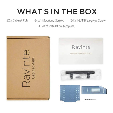 Box contents of 32 Pack Matte Black Stainless Steel Cabinet Pulls Seven And Three Eighths Inch Long With Five Inch Center To Center Hole Spacing And Mounting Template For Easy Kitchen Drawer And Cabinet Hardware including screws and template.