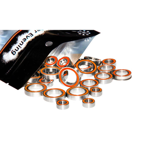 Motor bearings, stainless steel with orange seals and ceramic inner race, assorted sizes spilling from a black pouch