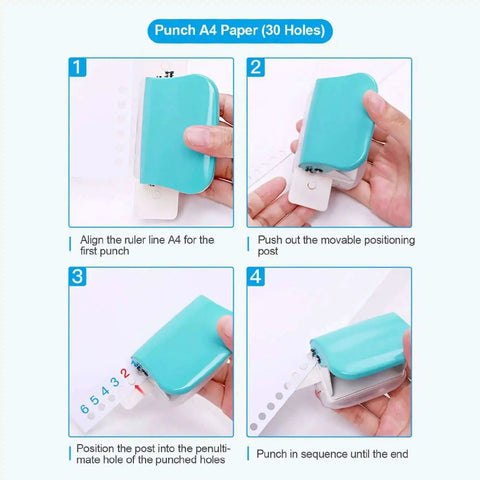 Instructions for using a Six Hole Loose-Leaf Paper Puncher for A4 A5 B5 Notebooks and Scrapbooks, shown in four steps.