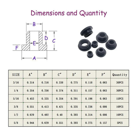 Dimensions chart and pieces of 100 Piece Silicone T Type Rubber Grommet Kit Six Sizes Three Sixteenth Inch One Quarter Inch Five Sixteenth Inch