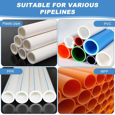 Assortment of plastic, PVC, PPR, and MPP pipes arranged by type, illustrating suitability for various pipelines.