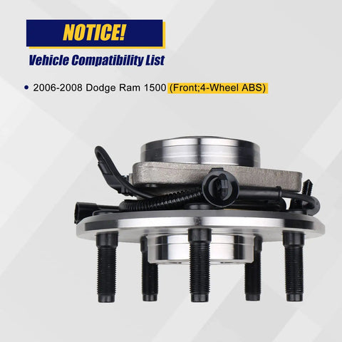 Front Wheel Bearing And Hub Assembly 2Pcs For Dodge Ram 1500 2006 2007 2008 Front Position 5-Lug ABS Drop-In Fit