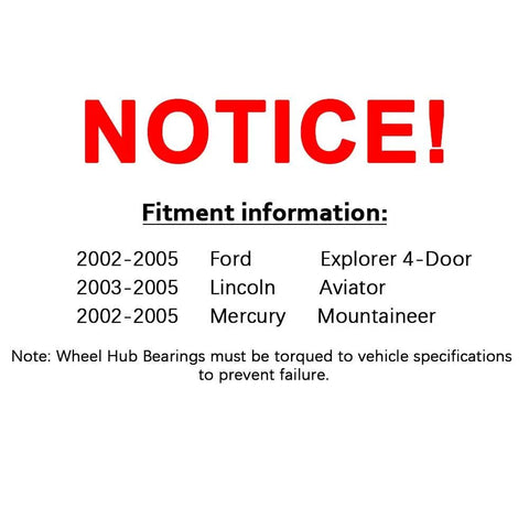 Notice with fitment information for 2 Pack Front Wheel Hub Bearing Assemblies With ABS Sensor Exact Fit For 2002 Through 2005 Ford Explorer RWD And 2003 Through 2005 Lincoln Aviator And 2002 Through 2005 Mercury Mountaineer 5 Lug, indicating torque specifications.