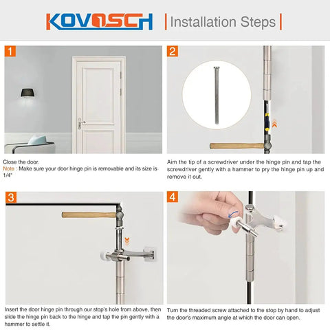 Installation steps for 2 Pack Hinge Pin Door Stopper Brushed Satin Nickel Adjustable Heavy Duty with tools and close-up view.