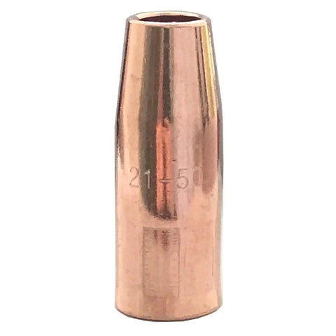 Front view of copper gas nozzle 21-50 from 0.035 Inch MIG Welding Gun Accessory Kit With 20 Contact Tips 11-35, 2 Gas Nozzles 21-50, And 2 Gas Diffusers 35-50 For Common MIG Weld Guns Replacement Tips Nozzles Diffusers