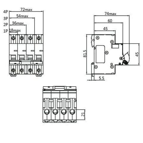 Technical drawing of AC Miniature Circuit Breaker 1 Pole DIN Rail Mount 6 Amp 240 Volt With Shock Proof Terminations Trip Curve C UL1077