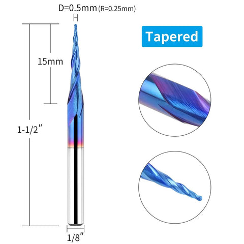 5 Pack Tapered Ball Nose End Mills For CNC Router Bits With One Eighth Inch Shank, 0.25mm Radius, 0.5mm Diameter Tips, Solid Carbide Blue Nano nACo Coated Spiral Carving Bits For Dope 3D Woodworking And Precise Engraving, showing dimensions and close-up details with 15mm length and 1/8 inch shank.