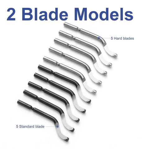 Pro Grade Deburring Tool Set With 10 High Speed Steel Replaceable Blades And A Blue Matte Aluminum Handle For Deburring Edges On Metal Aluminum Copper Resin PVC Tube Wood And 3D Printing Bevel Chamfer Reamer Kit with 5 standard and 5 hard blades.