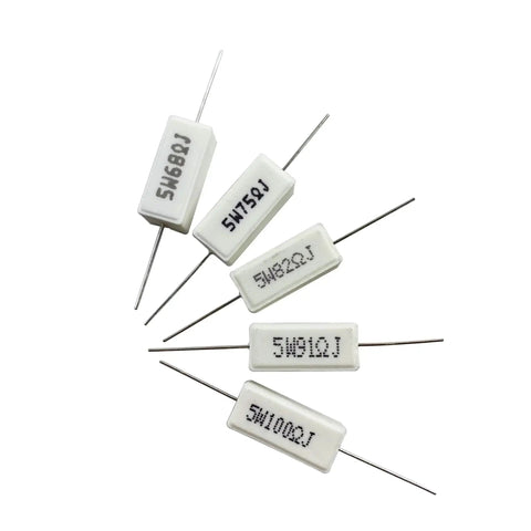 MOKMMKIT white ceramic cement resistors, 5W, axial leads, assorted values (front view)