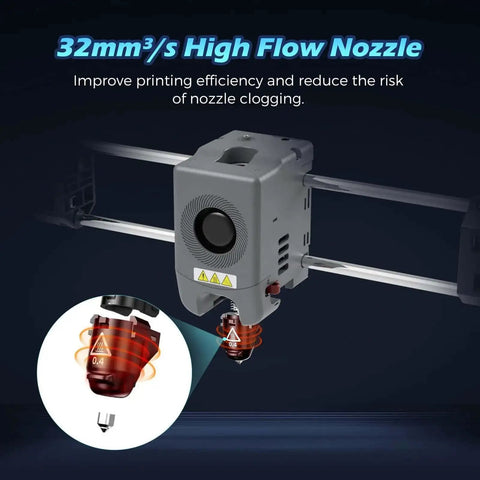 Close-up of 32mm³/s high-flow nozzle showing Beefy High-Flow Nozzle for Stable High-Speed Printing, Adventurer 5M Pro 0.25mm, 280C Max.
