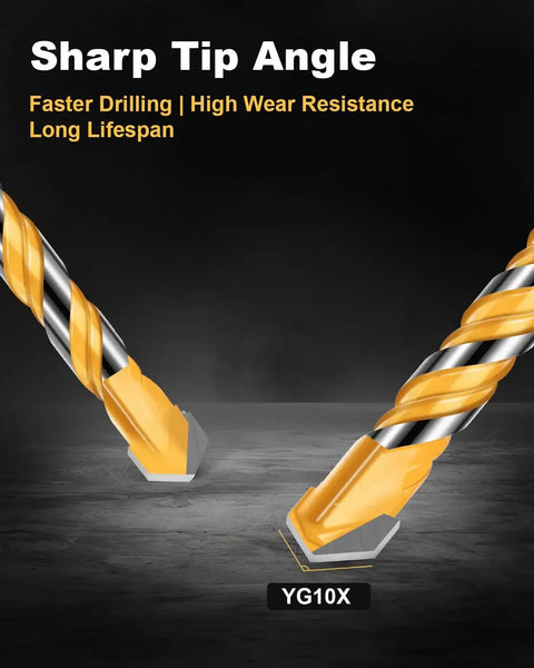 Beefed Up Heavy Duty Masonry Drill Bit Set With Six Inch Bits And YG10X Carbide Tips For Durability Shockproof Hex Shank Works On Concrete Tile Brick Cement And Glass Includes Five Thirty Second Inch To One Half Inch Sizes showing close-up of carbide tips
