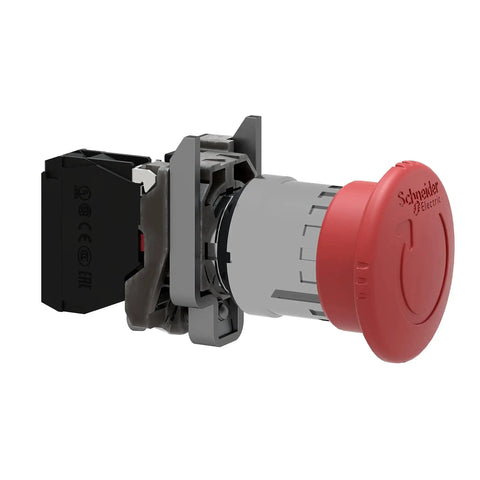 Harmony XB4 Emergency Stop Push Button Switch For 22mm Panel Cutouts With Latched Turn To Release 1NC Contacts, red mushroom head.