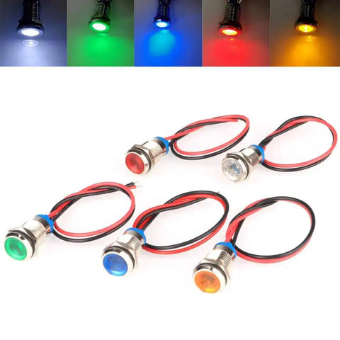 5Pcs 10mm LED Indicator Lights AC DC 12 To 24V Waterproof Rugged Metal Signal Lamp Pilot Dash Lights With Wire, Mixed Colors