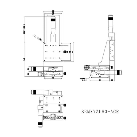 Technical drawing of XYZ 3 Axis Manual Linear Positioning Stage 80 By 80 mm Lab Sliding Stage Table dimensions and design.