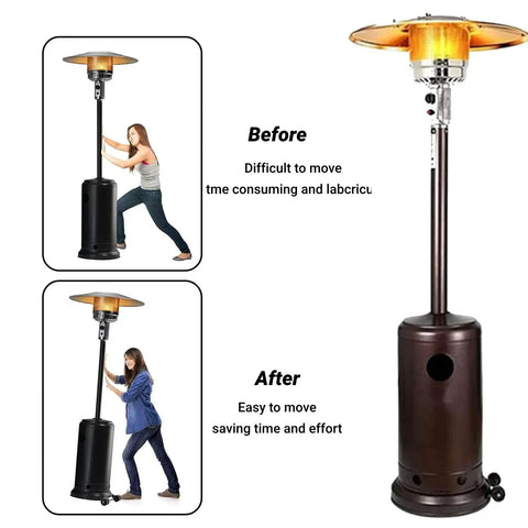 Universal Patio Heater Wheel Kit For Easy Mobility Fits Gas Propane Heaters With Round Base And Pyramid Styles installed on heater