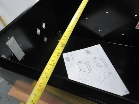 Open Black 20x16x10 Industrial Control Panel Enclosure NEMA 4 and 12 with measuring tape and instructions inside, durable steel, easy mount