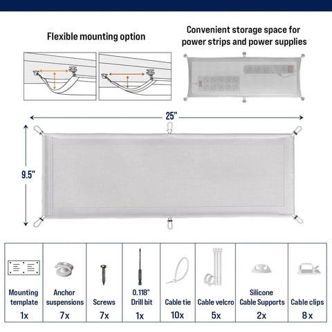 Under Desk Cable Management Net Flexible Wire Organizer Tray White with installation kit and flexible mounting options shown