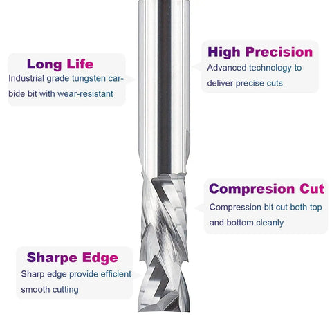 Spiral Compression Router Bit 1/2 Inch Shank 1/2 Inch Cutting Diameter Solid Carbide Up And Down Cut CNC End Mill, showing features.