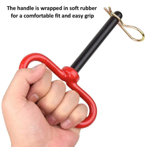 Three Eighths Inch Trailer Hitch Pin And Clip With Red Handle, Beefed Up Four Inch Length, shown with red ergonomic grip