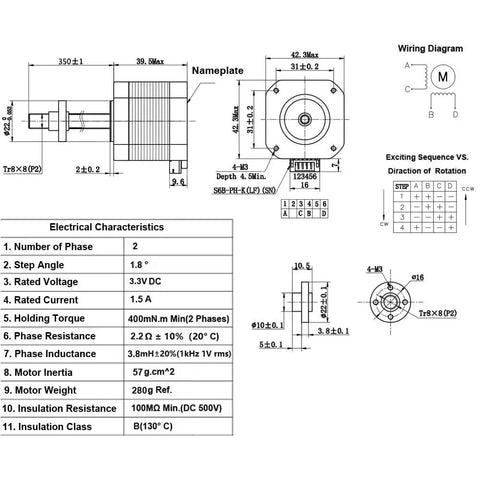 Technical diagram of Nema 17 stepper motor with integrated 150mm T8x8 lead screw, electrical specs, and wiring details