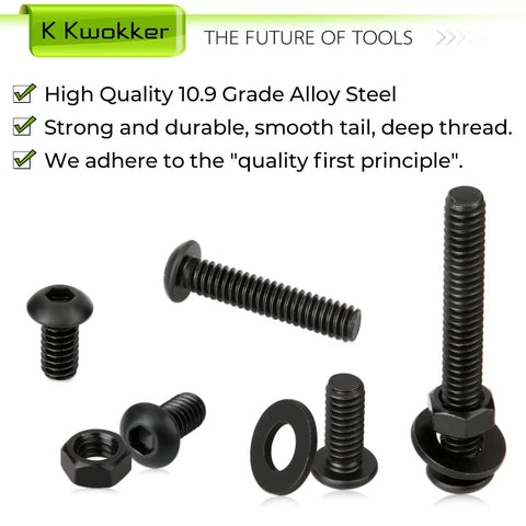 Complete 1/4-20 Bolt And Nut Set With Washers In Black, 219 Pieces With 73 Bolts 73 Nuts 73 Washers, K Kwokker