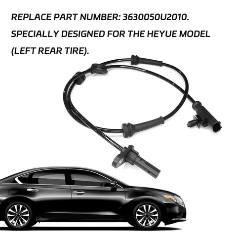 Close-up of left rear ABS wheel speed sensor with wiring harness and connector, black automotive part