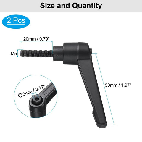 4 Piece Clamping Lever Adjustable Handles Set With Metric M5 Threads Including 20mm Male And M5 Female, black handle side view