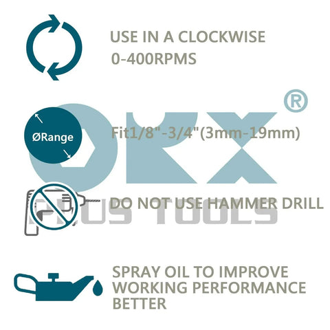 Diagram showing use instructions for Deburring External Chamfer Tool With Tungsten Blade For Stainless Rods Threads And Pipes Fits One Eighth To Three Quarters Inch 3mm To 19mm, including RPM range and oiling guidance.