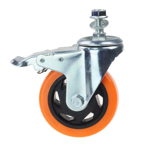 Swivel caster wheel with 3-inch orange PVC tire on zinc-plated metal frame; side view showing mounting bolt