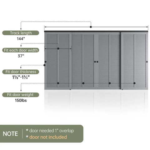 Bypass Pocket Door Hardware Kit For Four Door System In Aluminum Black 12 Ft Bypass Double Sliding Wardrobe Closet Track diagram with measurements.