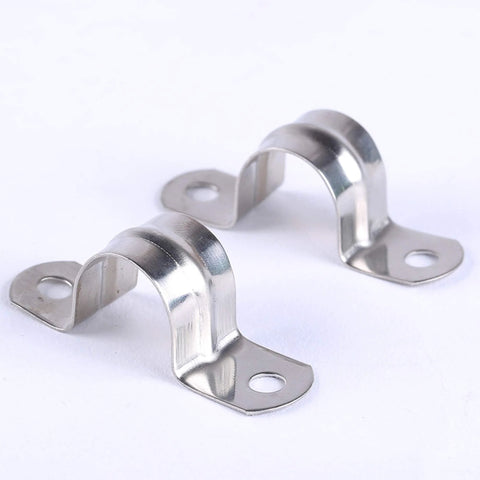 Two stainless steel pipe strap clamps, 1-1/2 in diameter, each with two mounting holes.