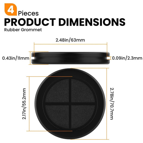 Rubber Grommets 2-1/8 In ID, 2-1/2 In Drill Hole, dimensions and side view, Double-Sided Wire Protection Plugs in 4 Pack
