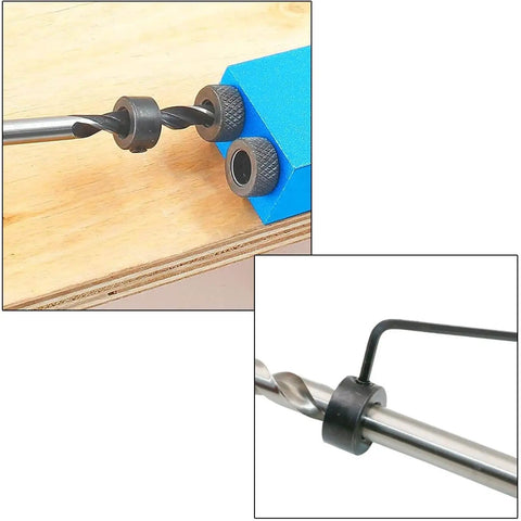 Close-up of a 15 Degree Pocket Hole Jig Kit For DIY Woodworking Projects, showing drill bit and hole locator on wood.