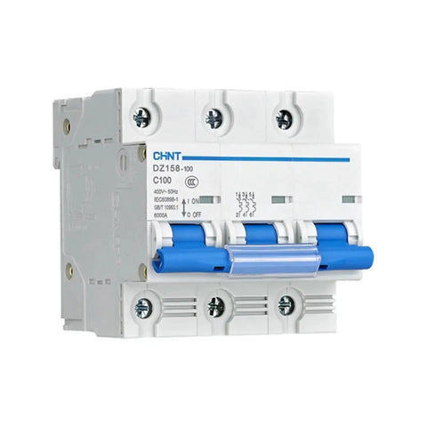 Side view of a 3-Phase Miniature Circuit Breaker C100A 6kA Rugged Electrical Breaker For Panel Installs, Compact, Easy Mount, RoHS Compliant.