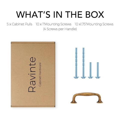Antique Brass 3 Inch Cabinet Handles Set Of 5 with screws and box for kitchen drawers in zinc alloy, smooth edges.