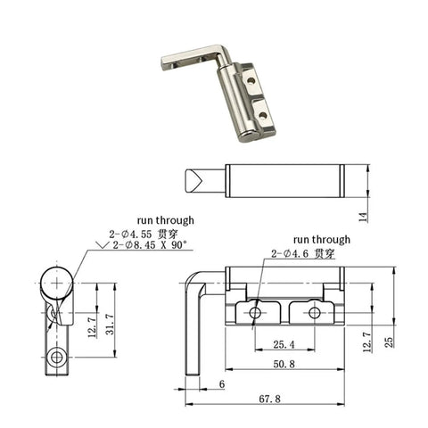 Front view of zinc alloy L-shaped screw-damping hinge with adjustable torque, Amazon brand