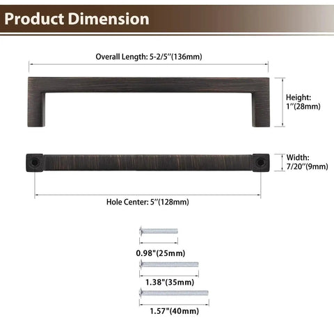 Dimensions of 10 Pack Oil Rubbed Bronze Solid Zinc Cabinet Pulls, 5 Inch Center to Center, 5.35 Inch Overall Length, in diagram view.