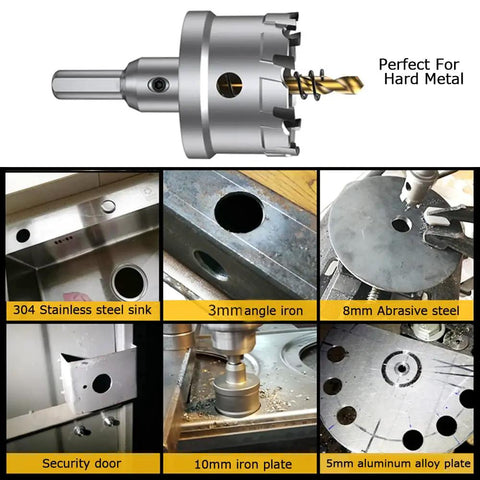 Heavy Duty Tungsten Carbide Tipped 4 Inch Hole Saw Set With Two Titanium Plated Pilot Bits for cutting metal, iron, steel, and plastic.