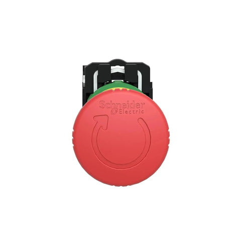 Front view of Red 22mm Emergency Stop Push Button Plastic Maintained Push Turn To Release Panel Mount Safety Switch IP66