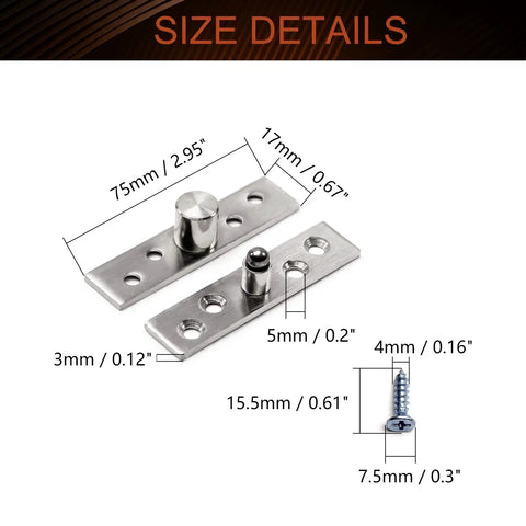 Detailed view of the 75mm 360 Degree Hidden Door Pivot Hinge Set In Stainless Steel For Doors Cabinets And Cupboards With Brushed Silver Finish.