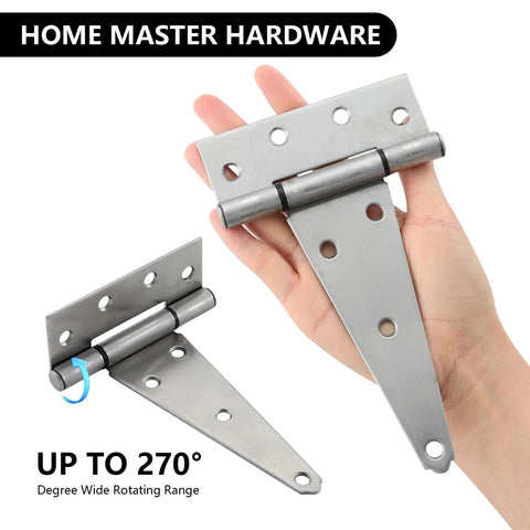 2 stainless steel gate hinges, 6-inch heavy-duty tee hinges for wooden fences with screw holes