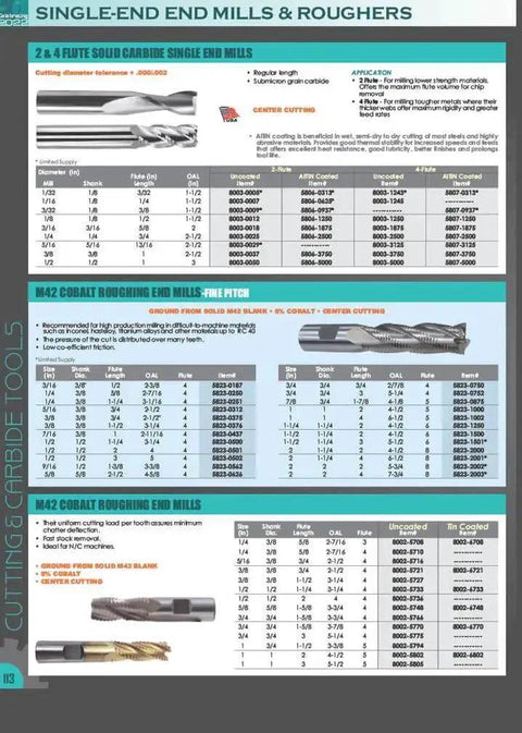 Catalog page showing single-end end mills and roughers specifications and images