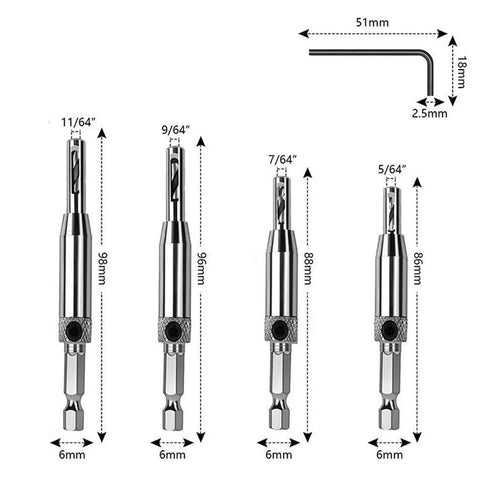 4 Piece Self Centering Hinge Tapper Drill Bit Set For Woodworking Doors And Windows Opens Holes Fast In 5/64 7/64 9/64 And 11/64 Inches With High Speed Steel Bits And Precise Centering For Cabinet Hinges Door Jambs And Woodworking Projects