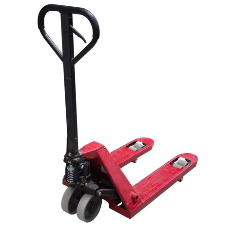 Red manual pallet jack with black handle and steel wheels on a white background, suitable for industrial warehouse use.